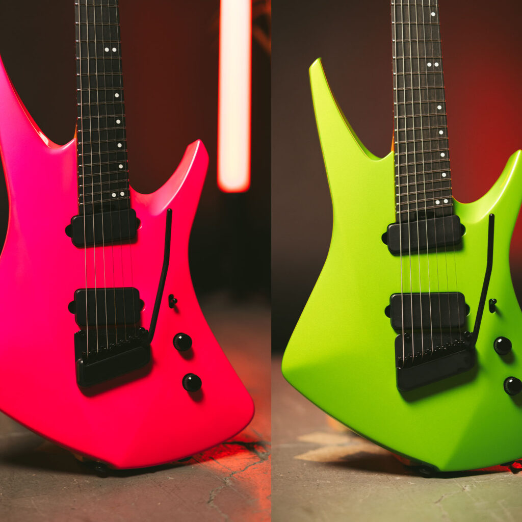 Neon pink and neon green Ernie Ball Music Man Kaizen guitars with a futuristic body design and high-performance hardware.