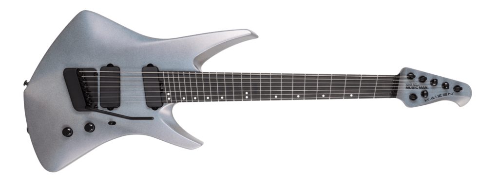 Ernie Ball Music Man Kaizen guitar in a sleek silver finish with a futuristic multi-scale design and dual humbuckers.