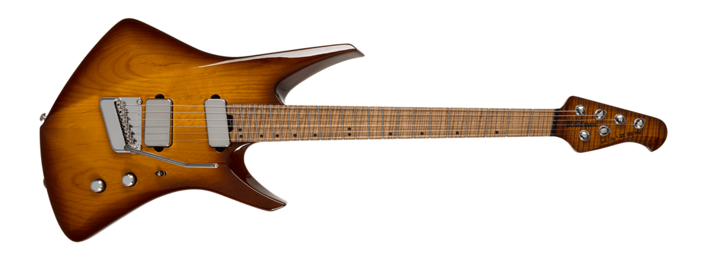 Ernie Ball Music Man Kaizen guitar in a stunning tobacco burst finish with a roasted maple neck and futuristic body design.