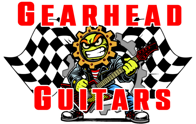 Gearhead Guitars logo featuring a cartoon mascot with a gear-shaped head, playing an electric guitar, with checkered racing flags in the background.