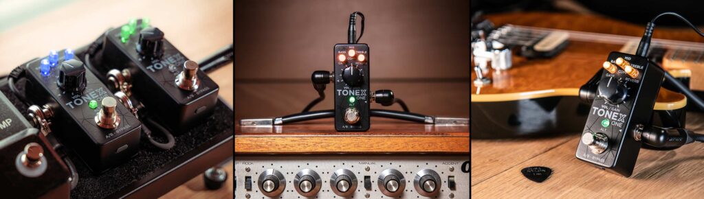 The IK Multimedia ToneX One pedal displayed in three different setups—on a pedalboard, atop an amplifier, and connected to a guitar.