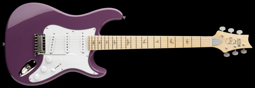 PRS SE Silver Sky electric guitar in Summit Purple, featuring a white pickguard, three single-coil pickups, a synchronized tremolo bridge, a maple fretboard with PRS bird inlays, and a signature PRS headstock.